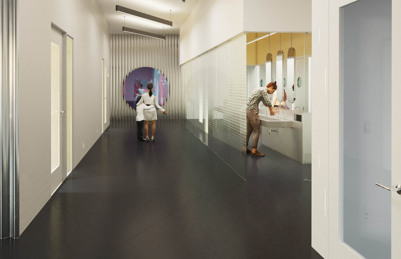 Bathroom area with sleek mirrors and modern fixtures beside a hallway at Bronx Music Hall.