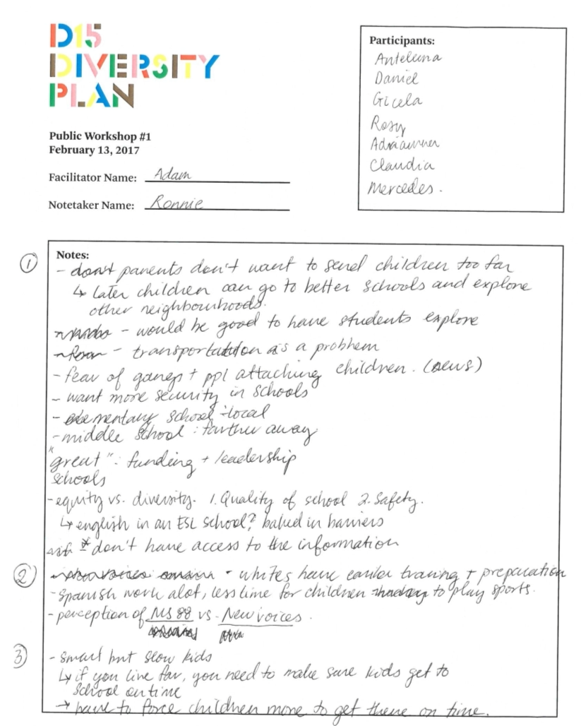 Handwritten notes from the D15 Diversity Plan workshop with participant names and discussion topics.