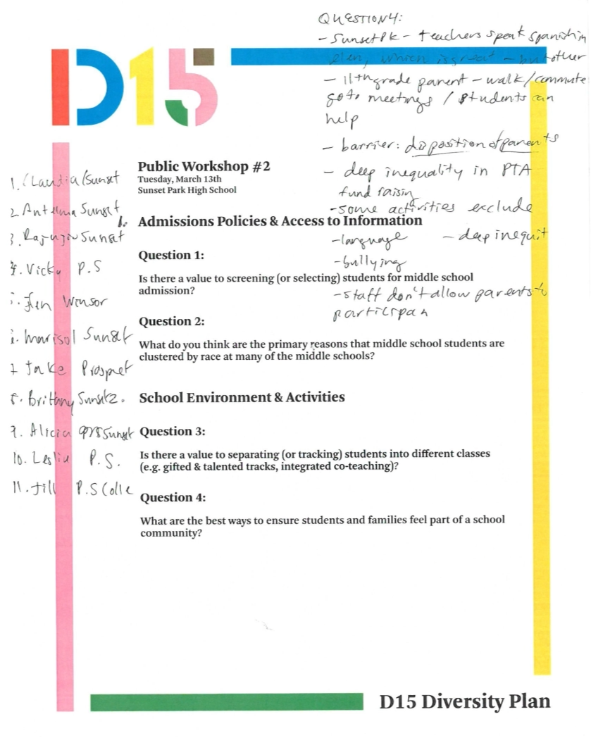 Workshop notes for the D15 Diversity Plan with handwritten comments and discussion questions.