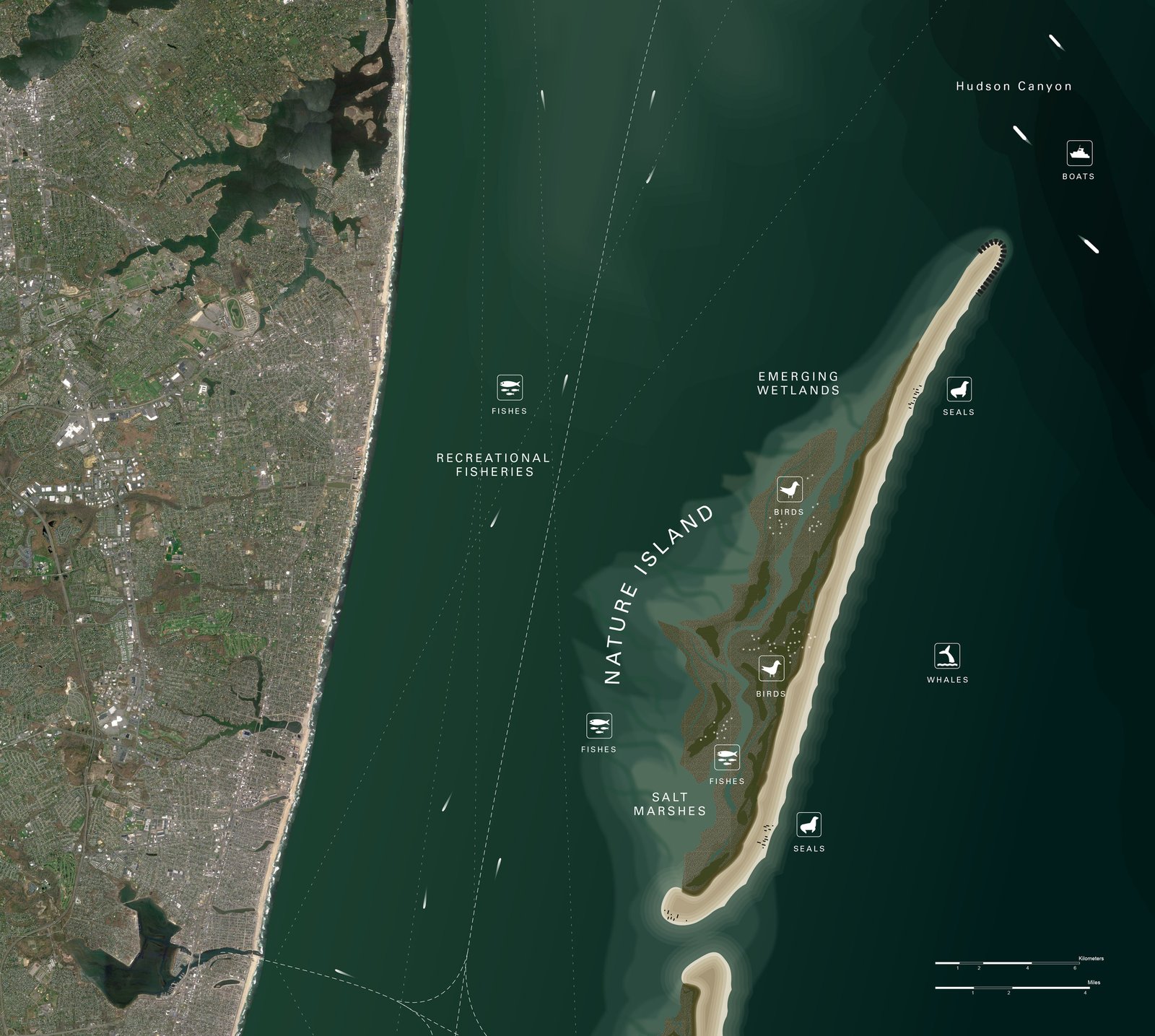 Map depicting a proposed nature island with wetlands, salt marshes, and wildlife near the coast.