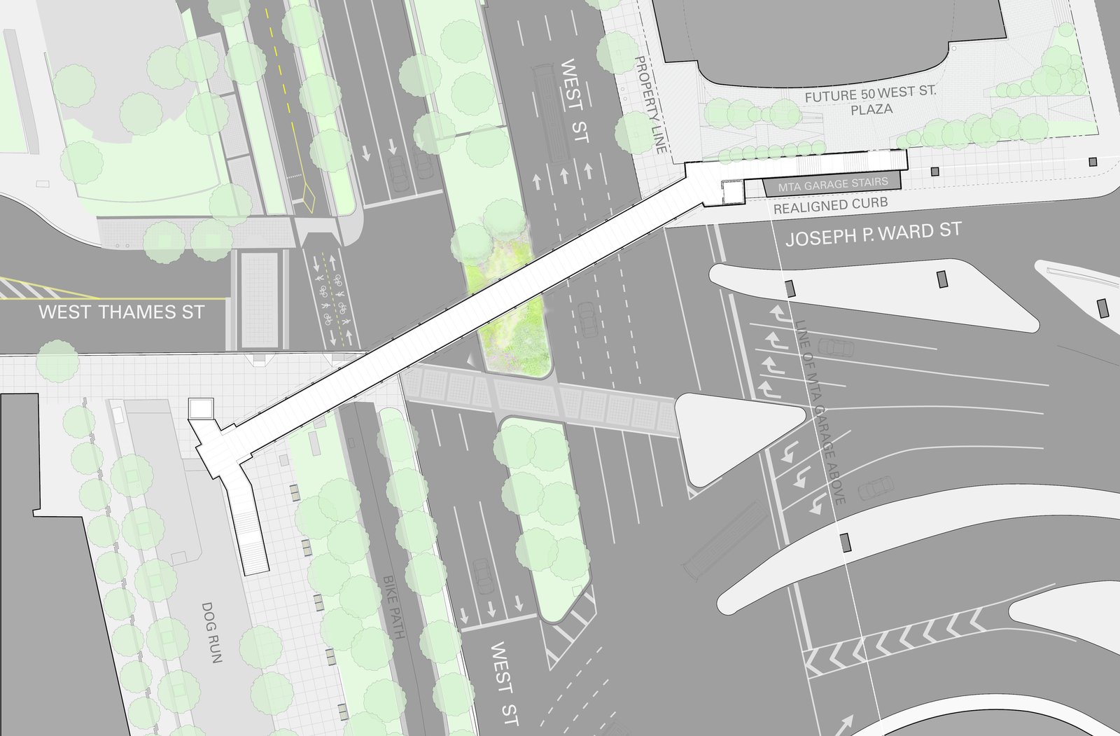 Site plan showing pedestrian bridge connecting West Thames Street with Joseph P. Ward Street.