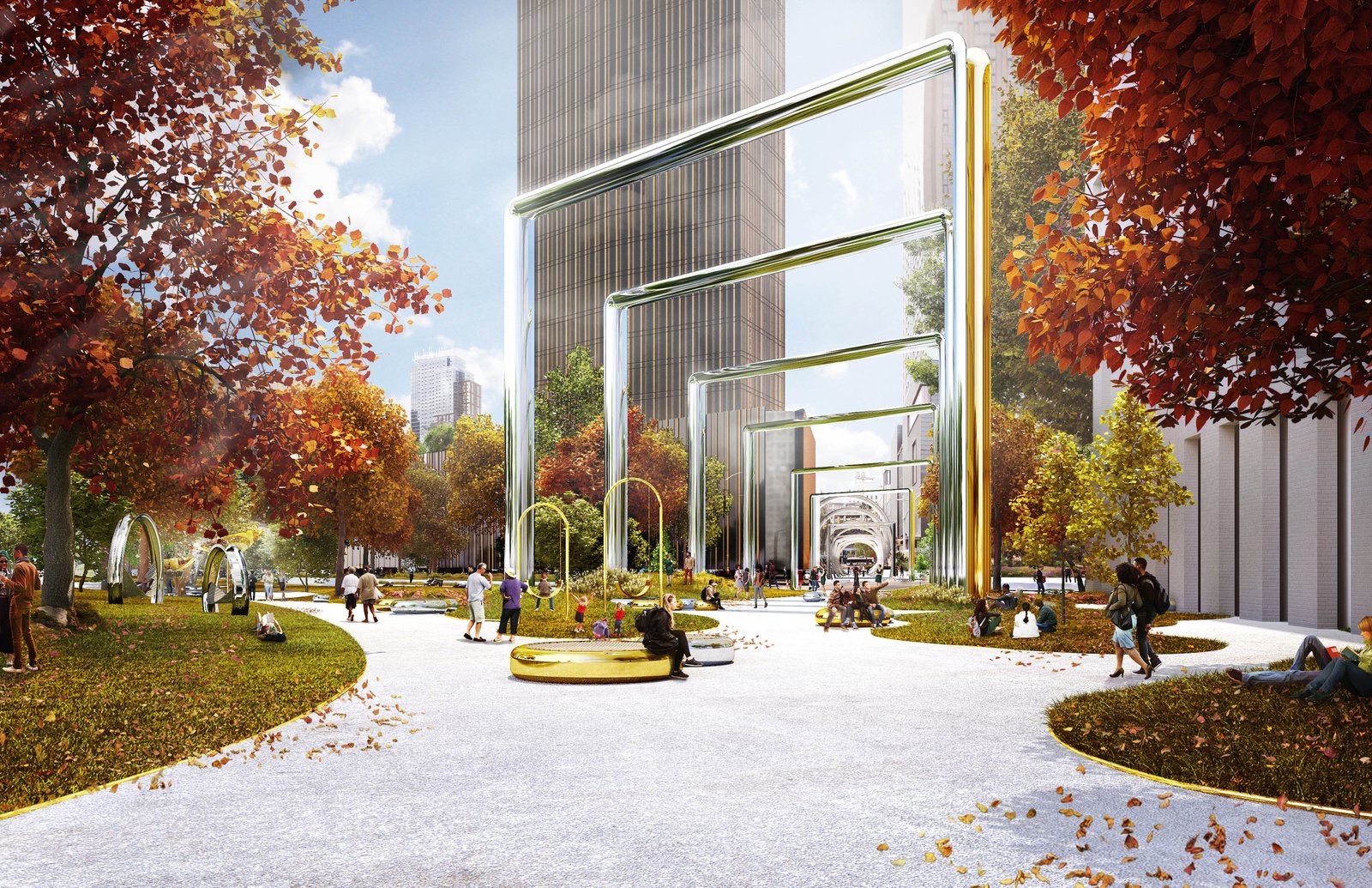 Public park with large metallic arches, people walking, and autumn foliage.