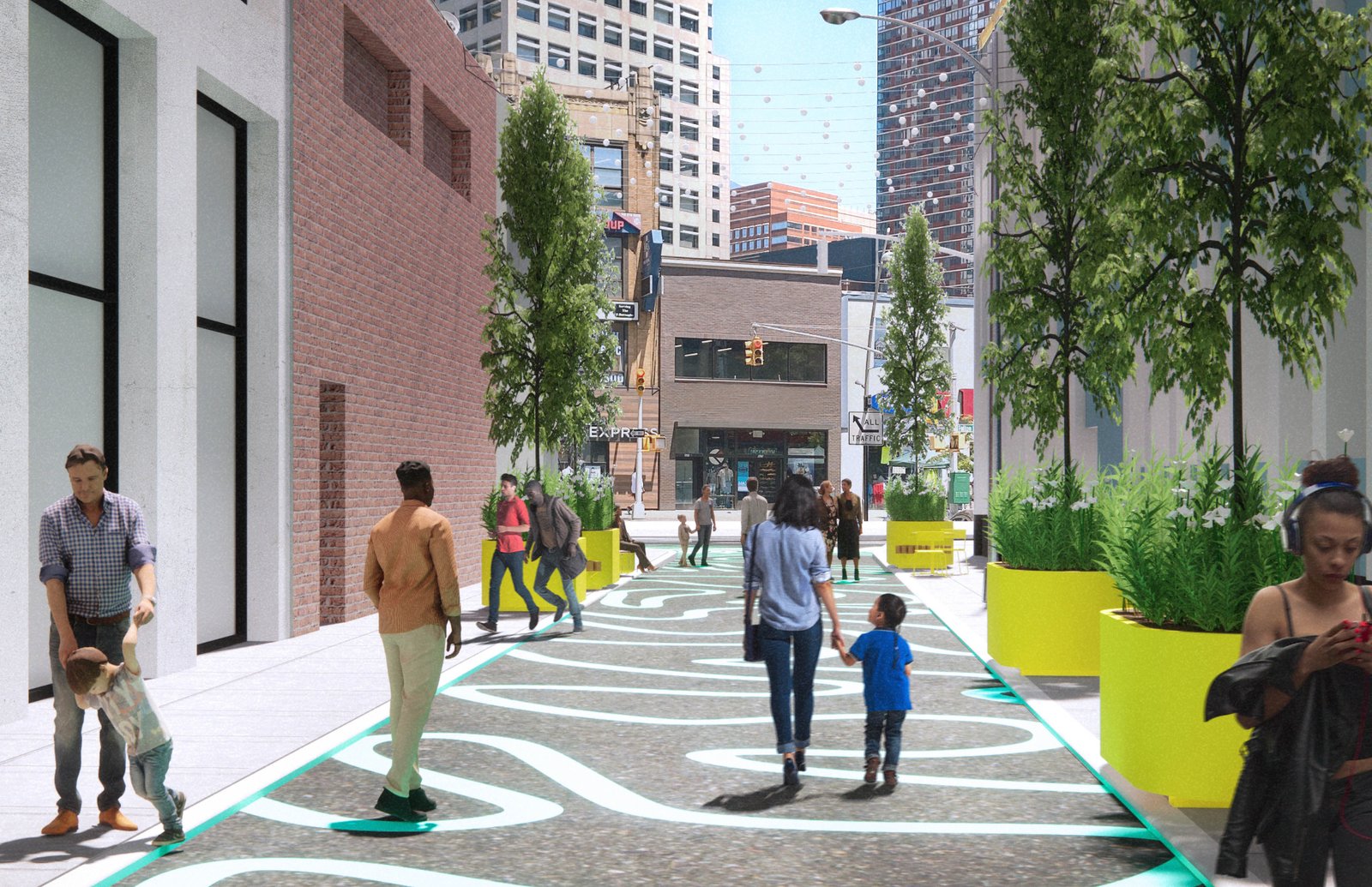 People walking along a colorful pedestrian pathway with trees and planters.