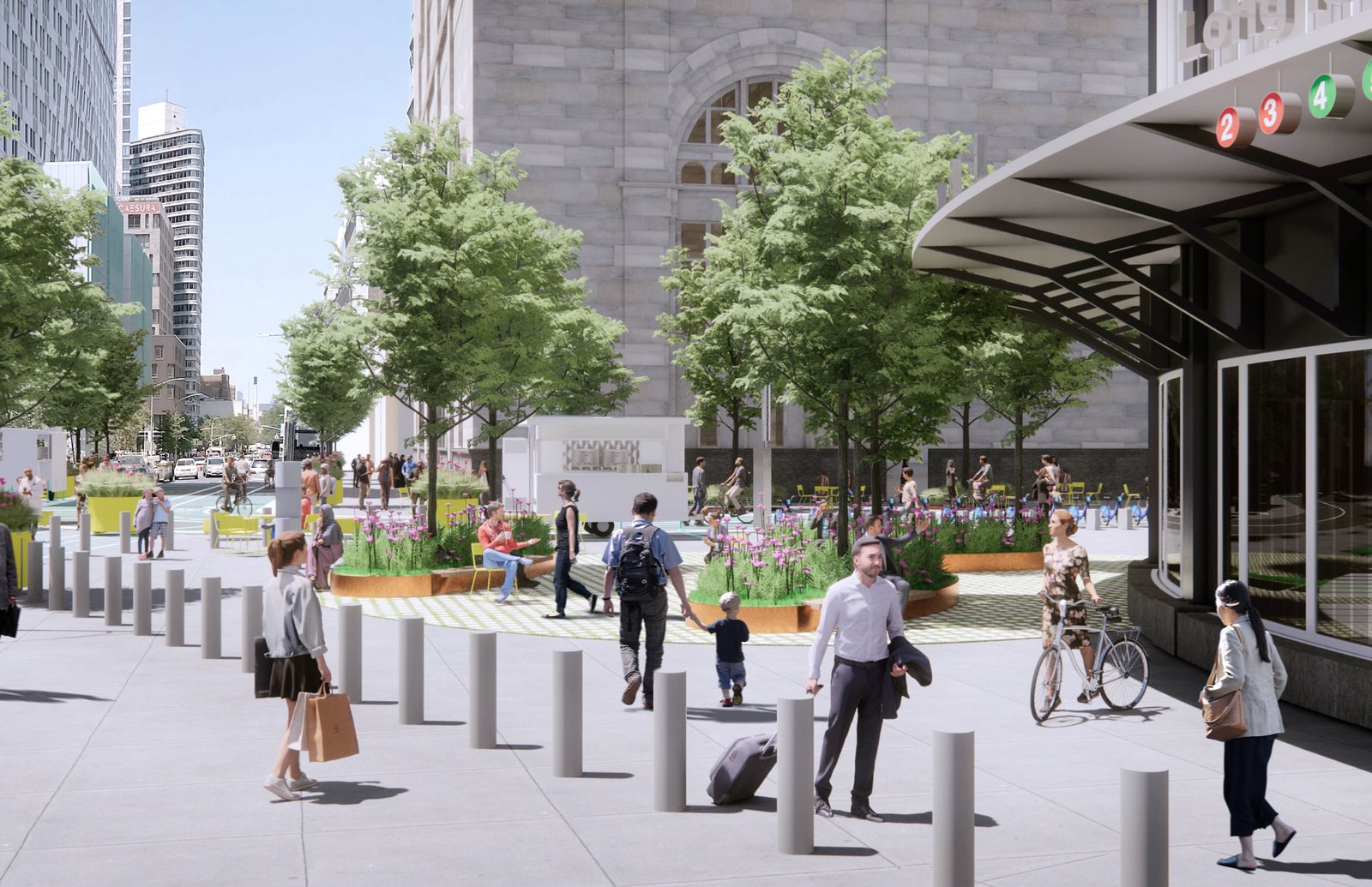 Urban streetscape with people, greenery, and subway entrance.