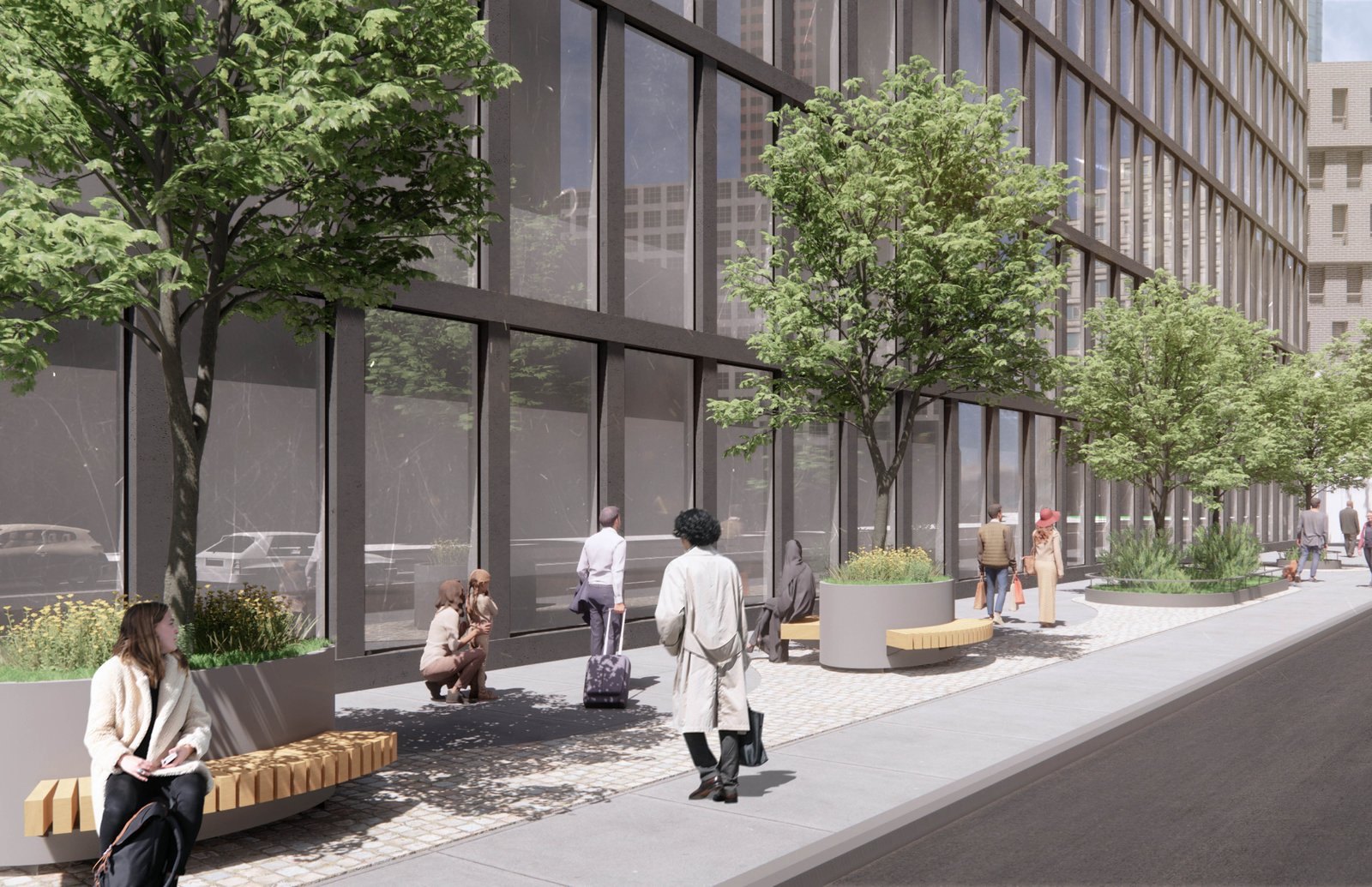 A sidewalk with benches, greenery, and people seated or walking.