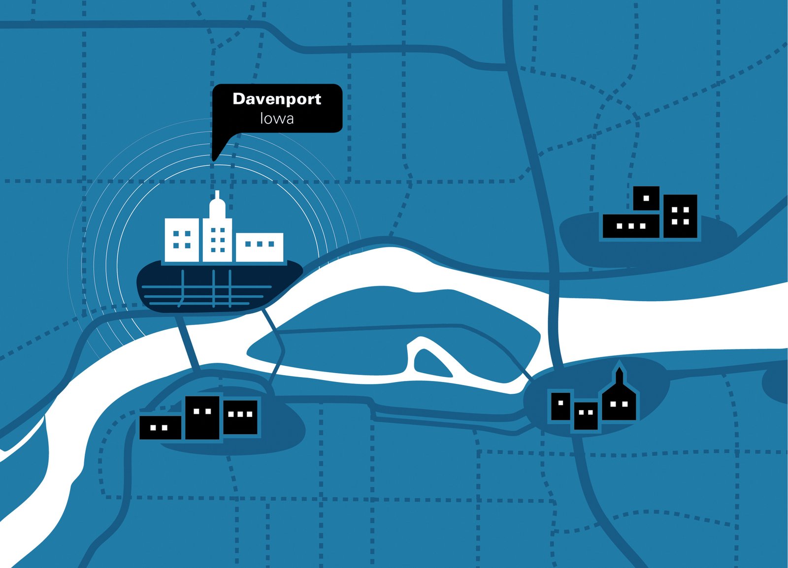 Map illustration showing Davenport, Iowa, with key landmarks and river connections highlighted.