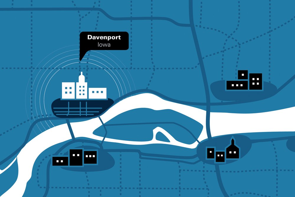 Map illustration showing Davenport, Iowa, with key landmarks and river connections highlighted.