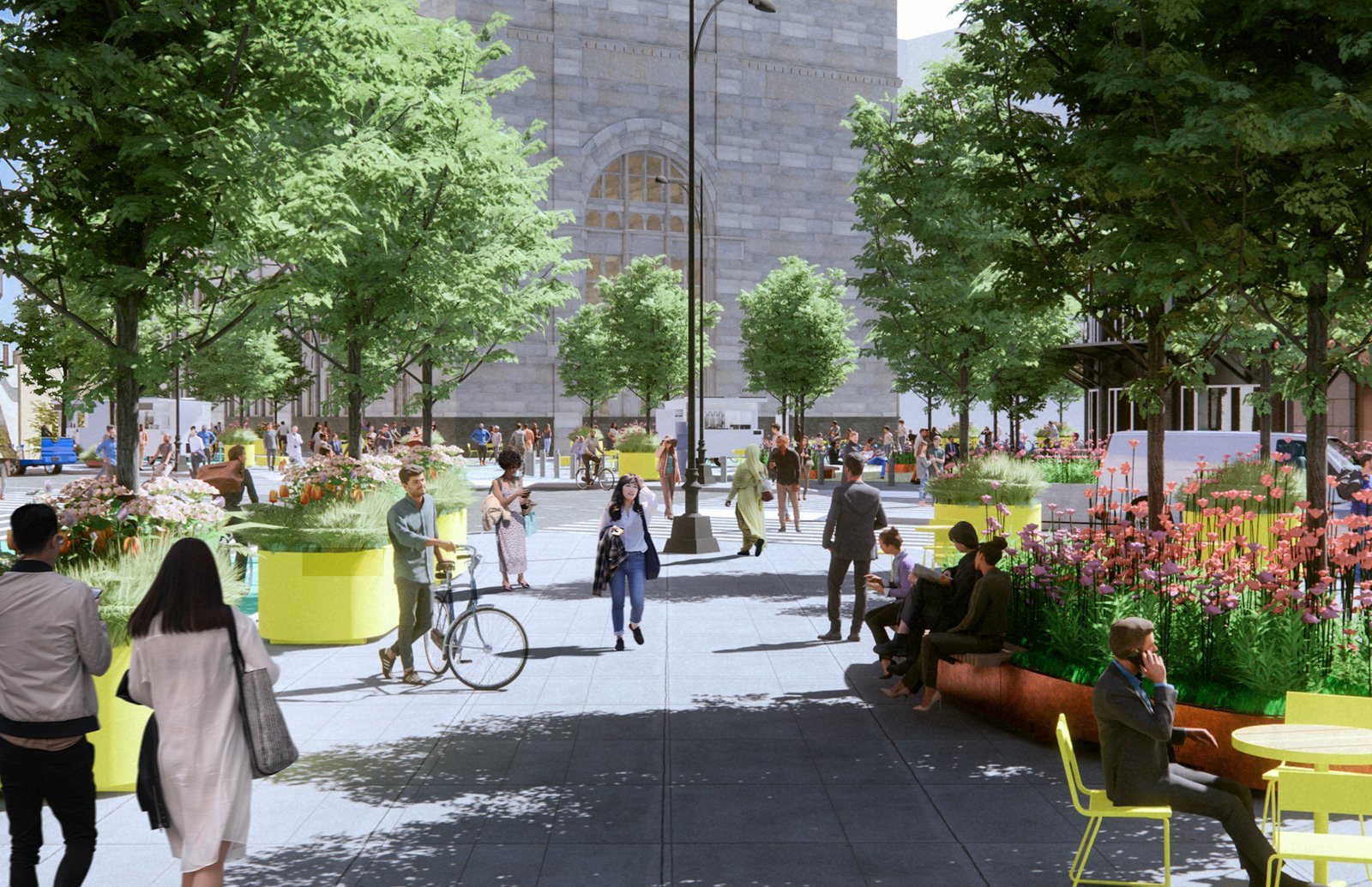 Public plaza with people sitting, walking, and surrounded by greenery.