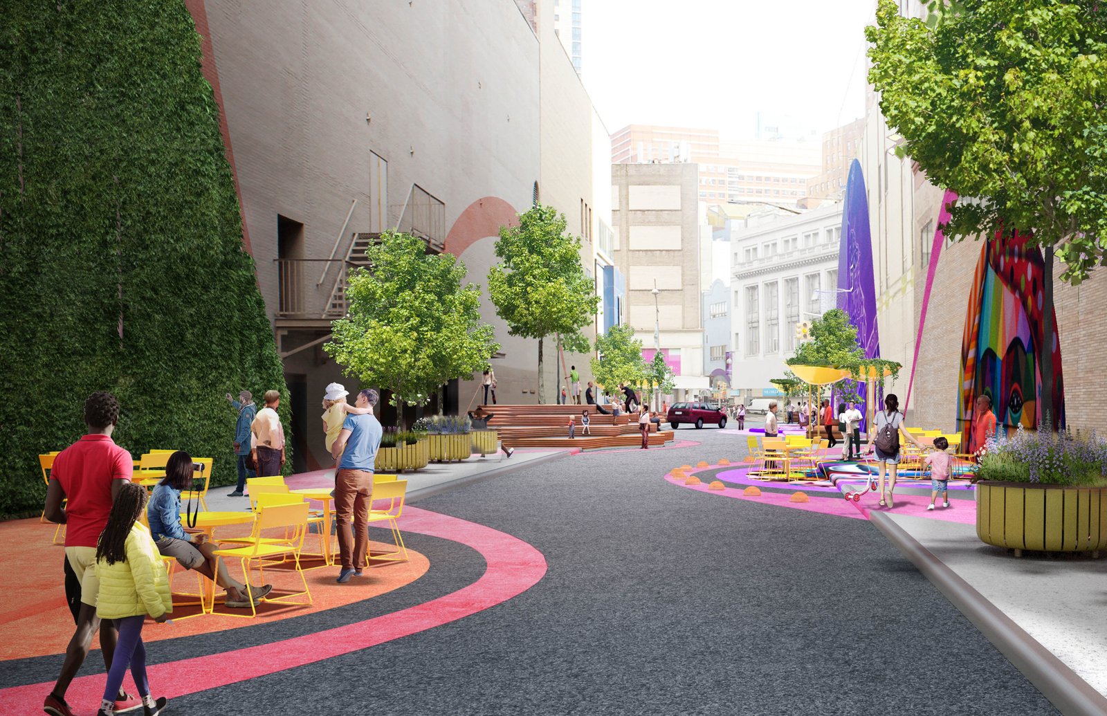 Lively pedestrian plaza with seating areas, trees, and colorful designs.