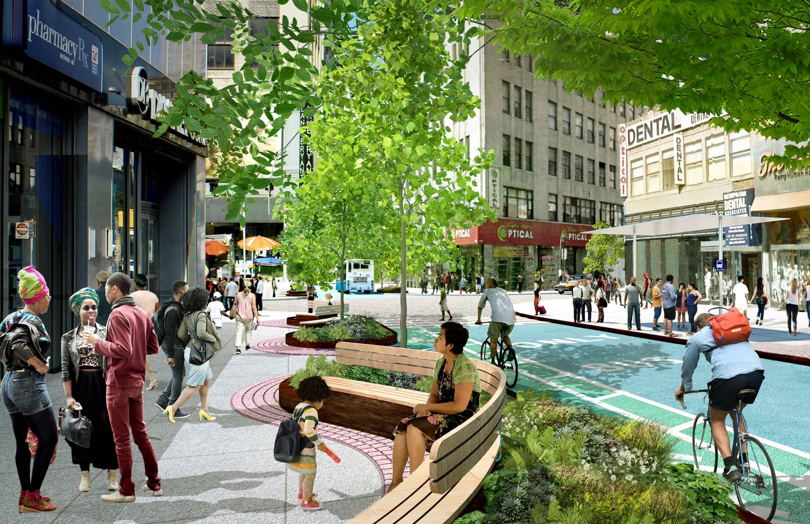 People sitting and walking along a landscaped public plaza with seating and bike lane.