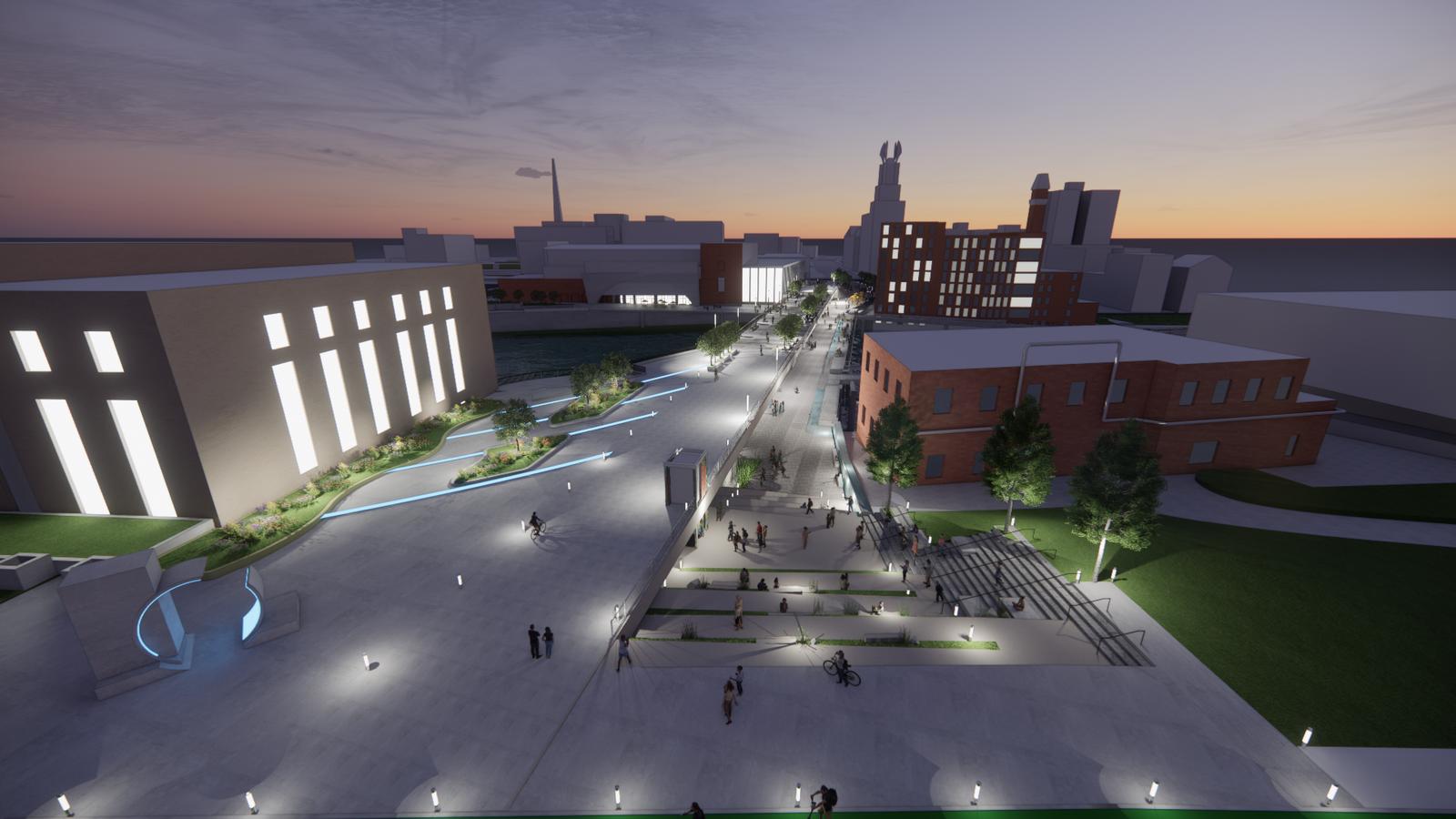 Nighttime view of an illuminated urban plaza with paths, greenery, and people enjoying the space.