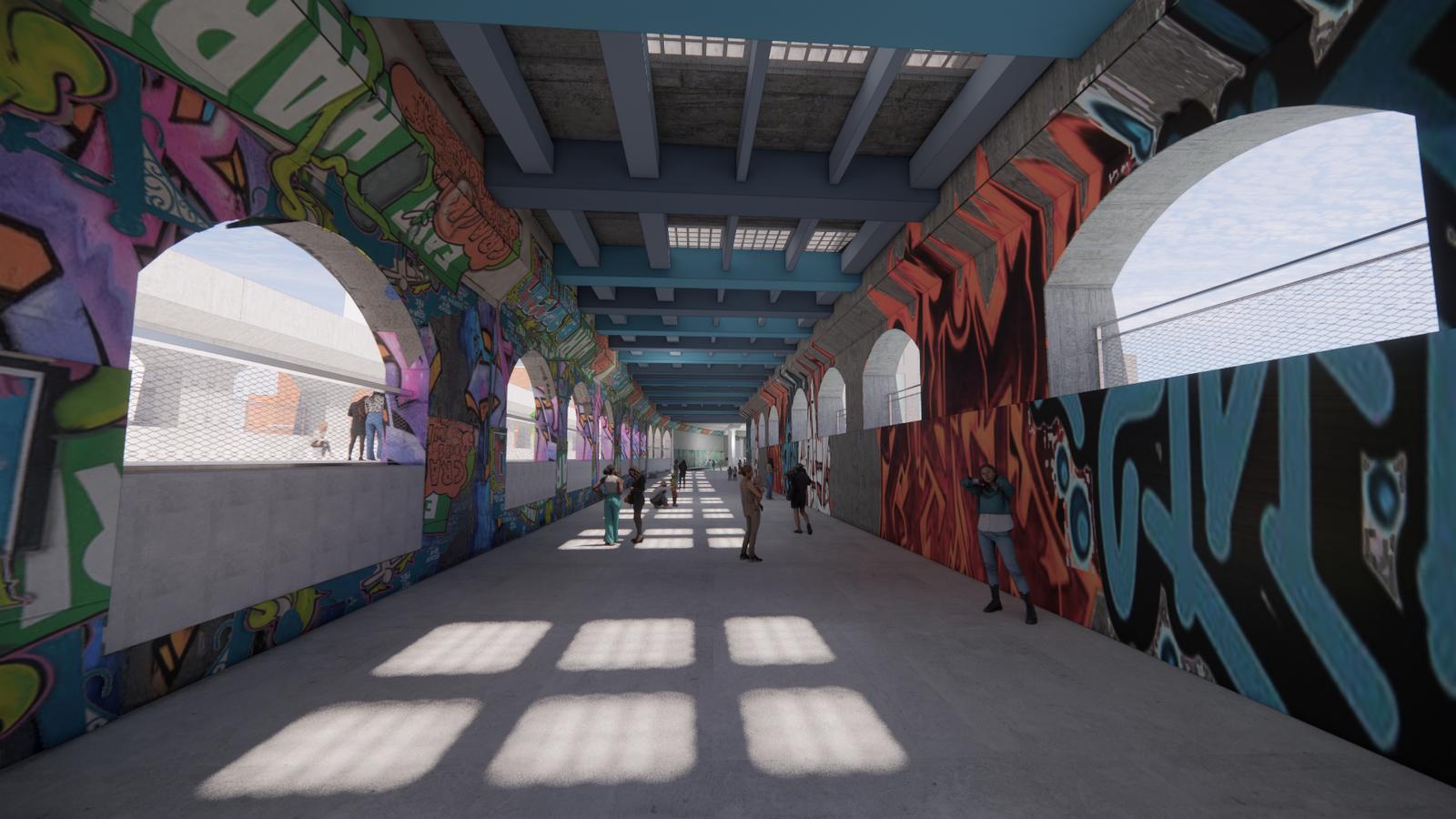 Interior rendering of aqueduct arches with graffiti.