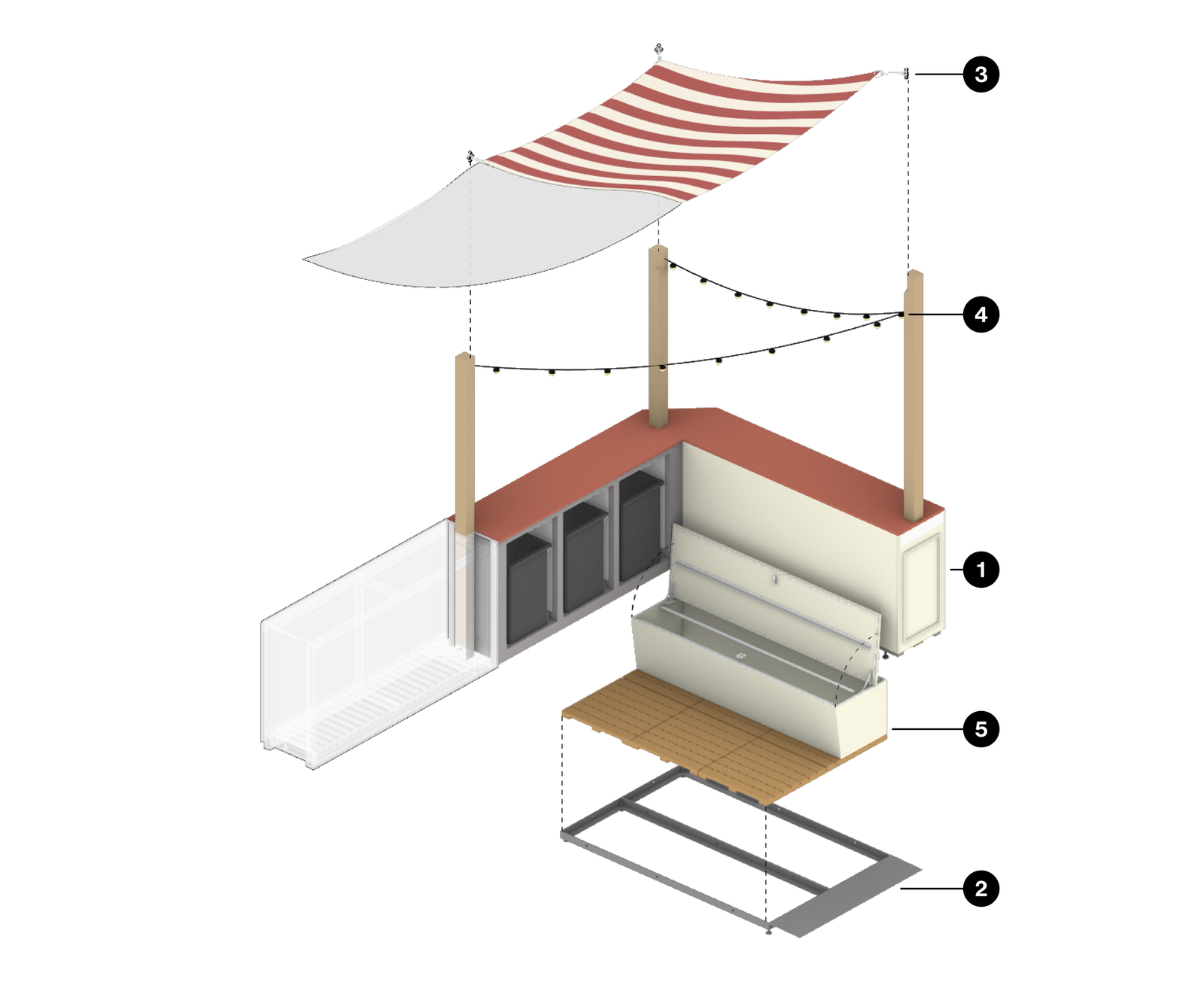 Exploded view of a dining system with base frame, canopy, seating, and lighting, designed for adaptable accessibility.