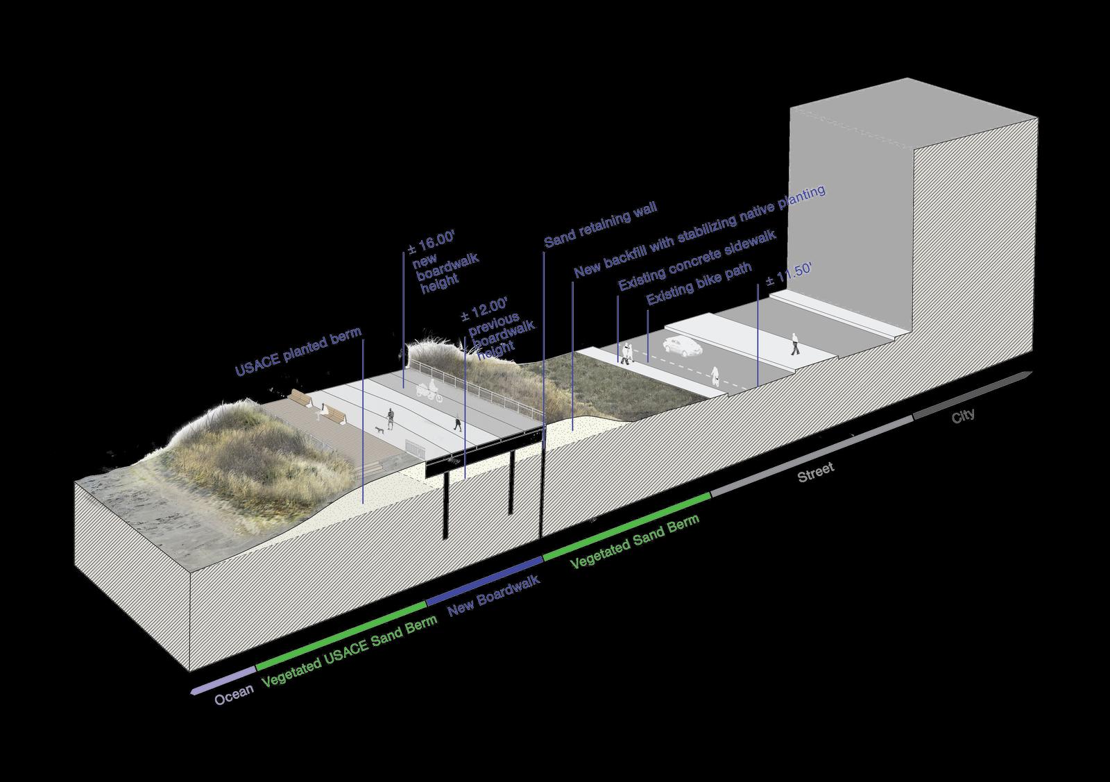 A cross-section of the Rockaway boardwalk highlights a raised structure, planted sand berms, and native vegetation for stability.