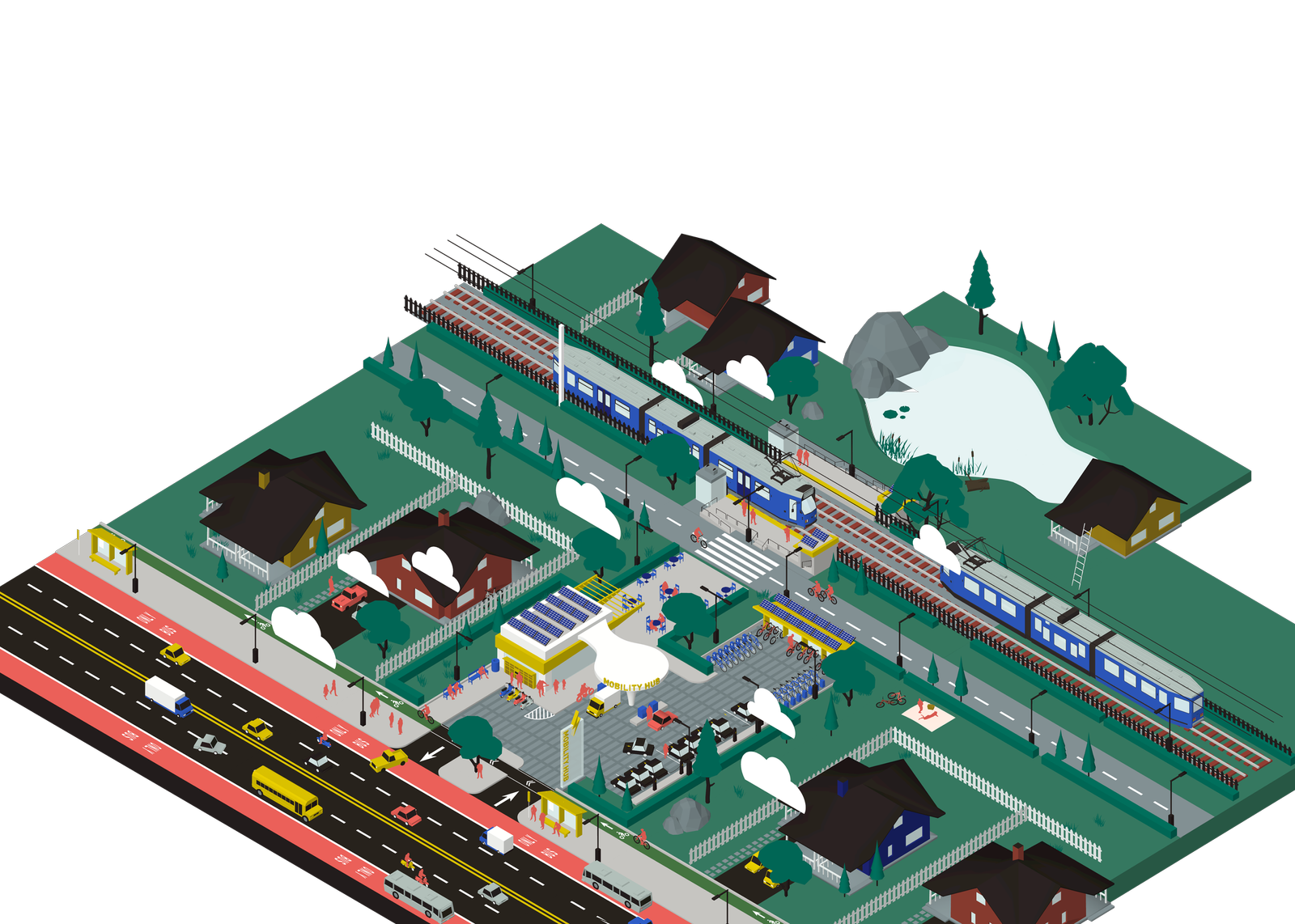 Illustration of a mobility hub with trains, buses, bike lanes, and surrounding green spaces.