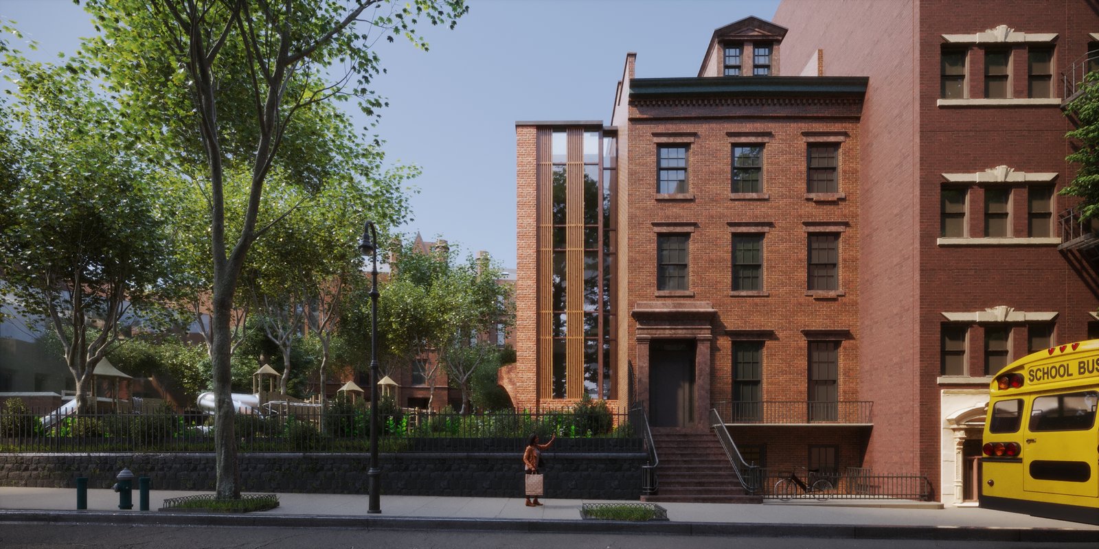 Street view of Packer Collegiate's red-brick buildings with a garden and tall modern windows.