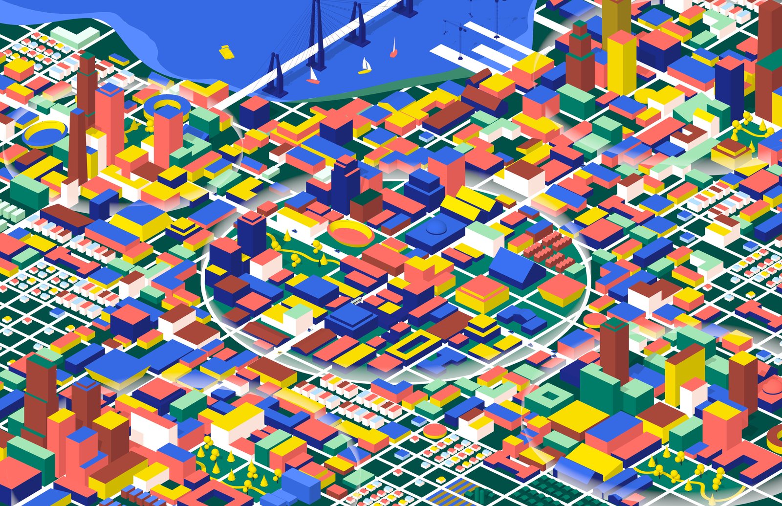 Illustration of a colorful city plan with blocks, streets, and a waterfront bridge.