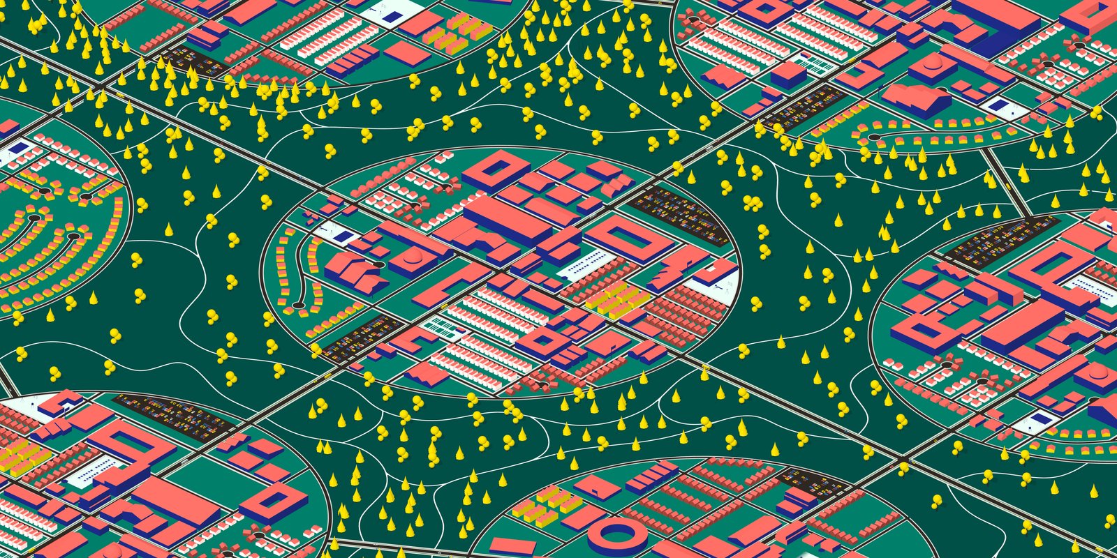 Illustration of circular car-free suburban layouts connected by green spaces and pathways.