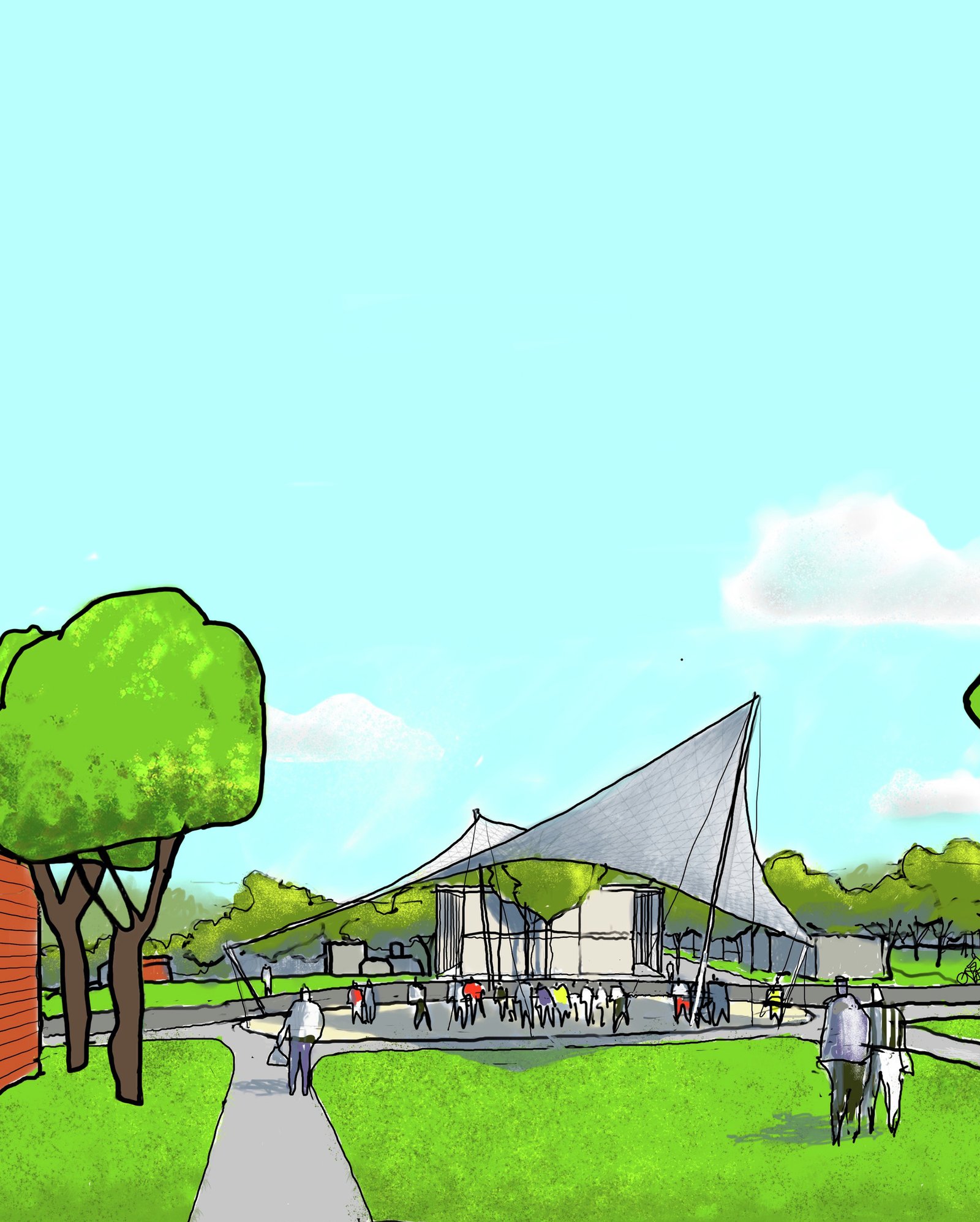 Illustration of a pavilion with a tensile canopy on a green campus lawn.