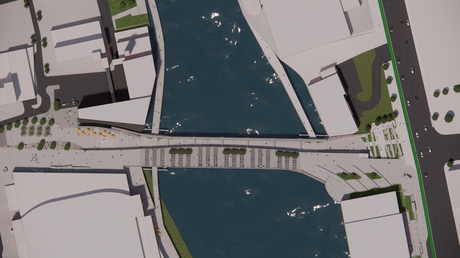 Aerial view of a reimagined aqueduct with pedestrian promenades, green spaces, and a river crossing.