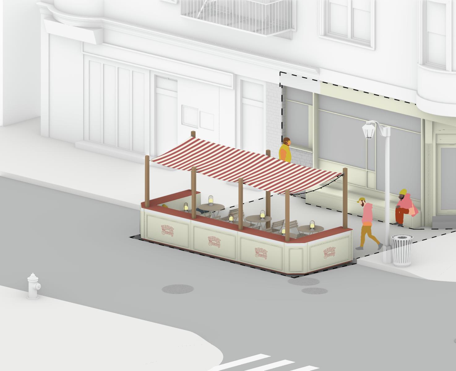 A rendering of a modular outdoor dining setup with striped canopy, string lights, and panels.