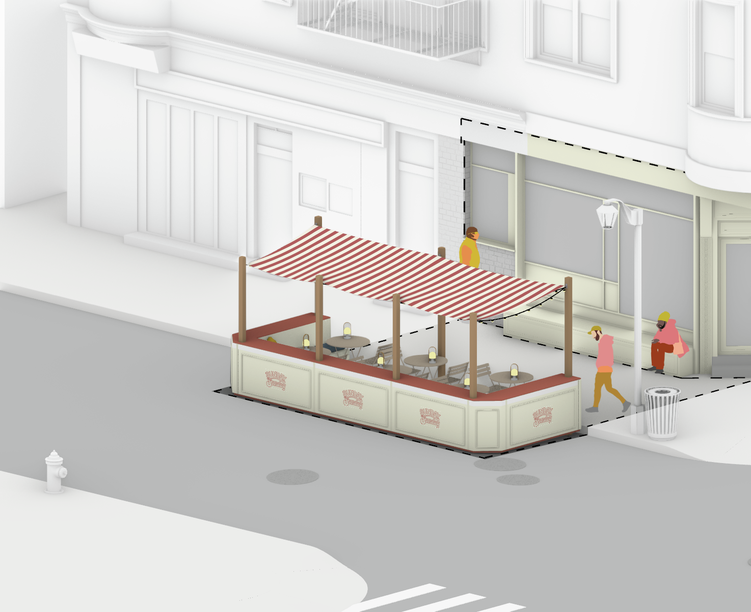 A rendering of a modular outdoor dining setup with striped canopy, string lights, and panels.