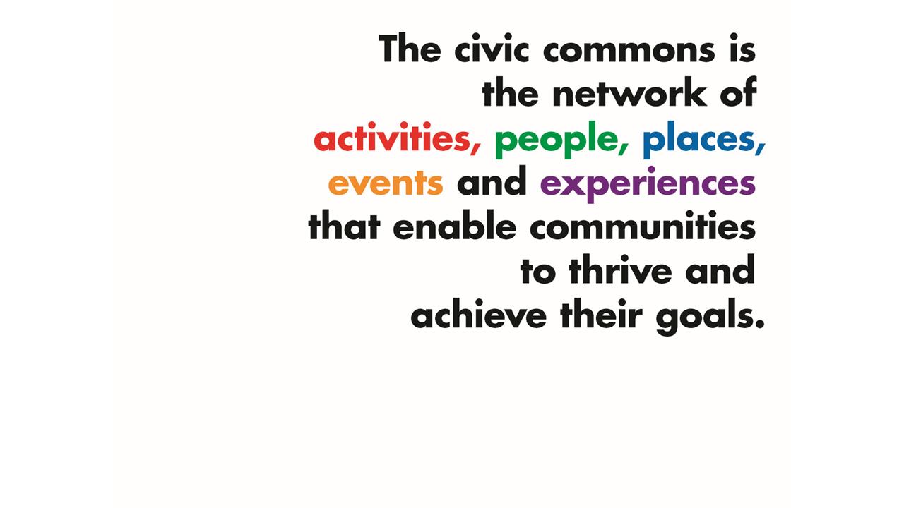 Bold text describing the civic commons as a network of activities, people, places, and experiences.