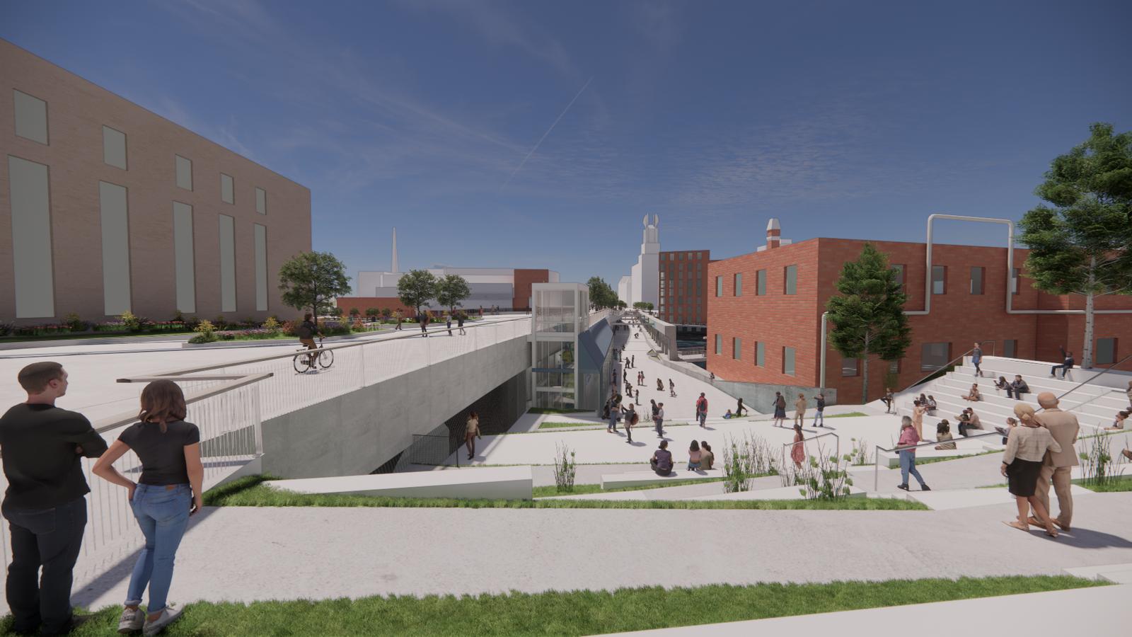 A vibrant urban plaza with terraces, walkways, and people enjoying the open public space.