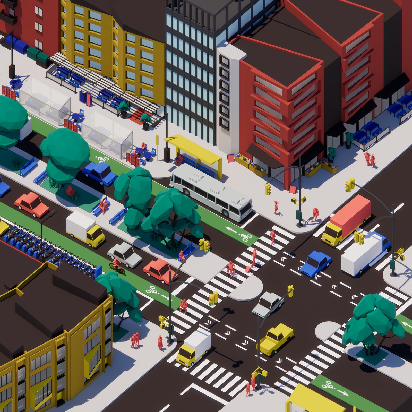 Illustration of an aerial view of a vibrant urban street intersection with crosswalks, bike lanes, and bus stops.