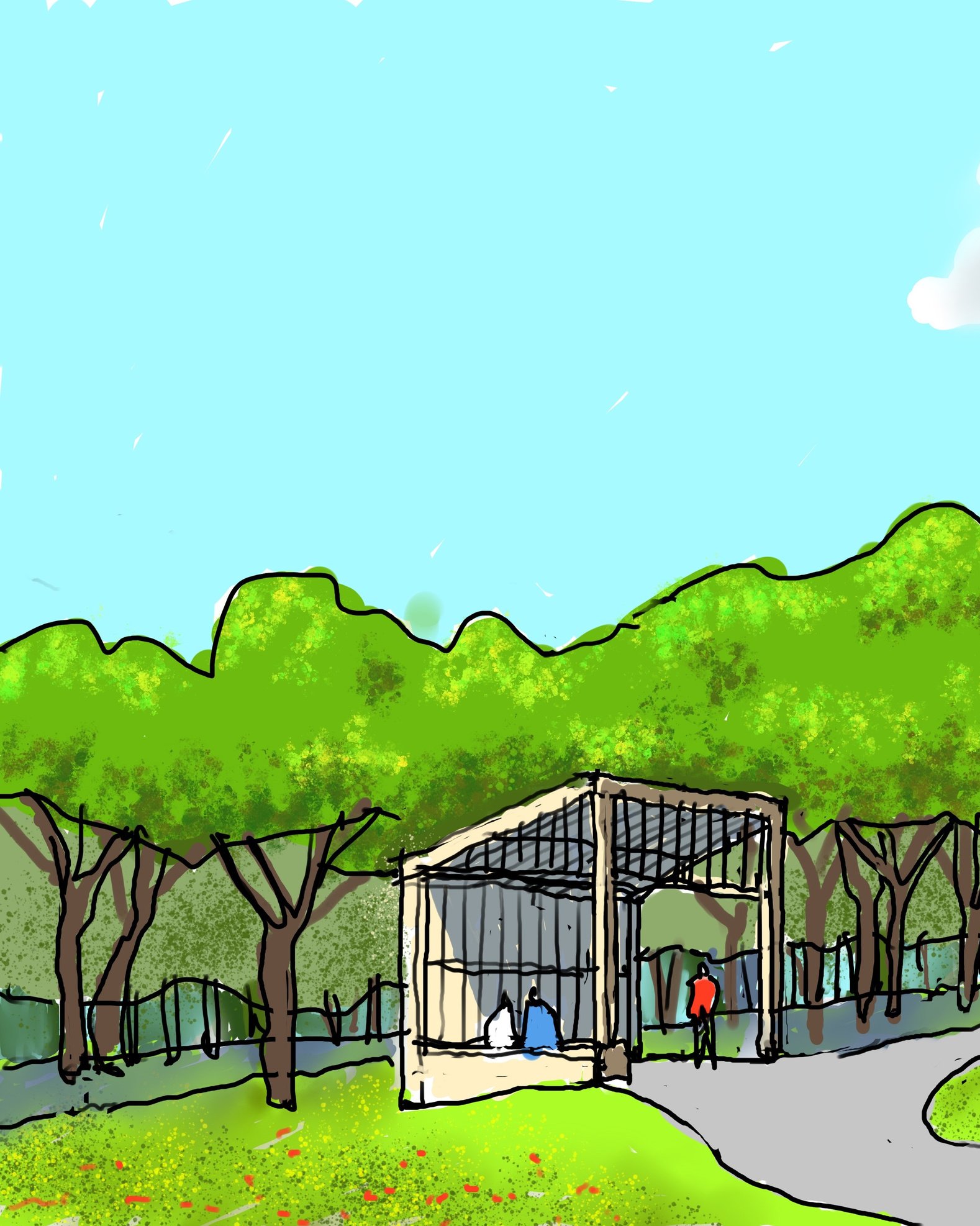 Drawing of a small open pavilion along a winding path in a green park setting.