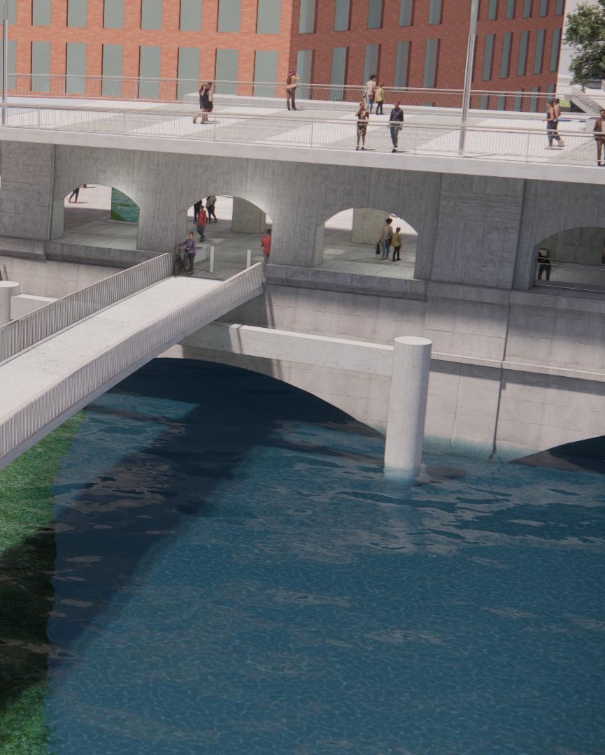 Pedestrians walk on multi-level pathways over and alongside the restored aqueduct.