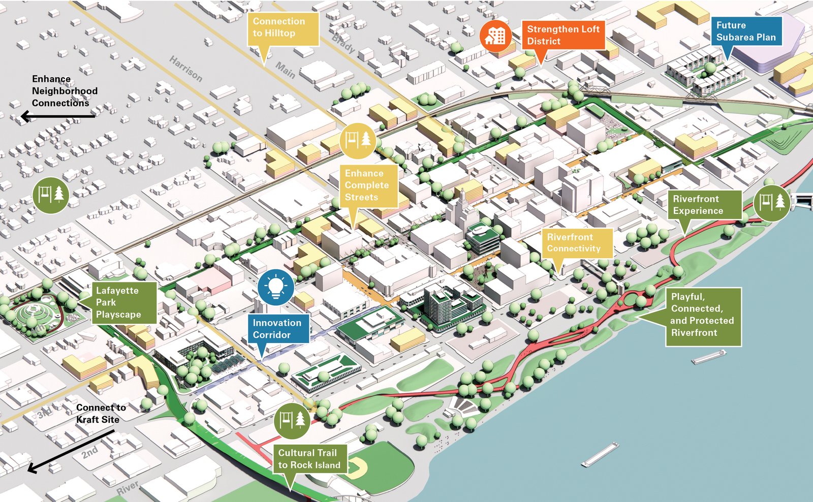 Illustrated map of Downtown Davenport highlighting parks, trails, riverfront connections, and key districts.