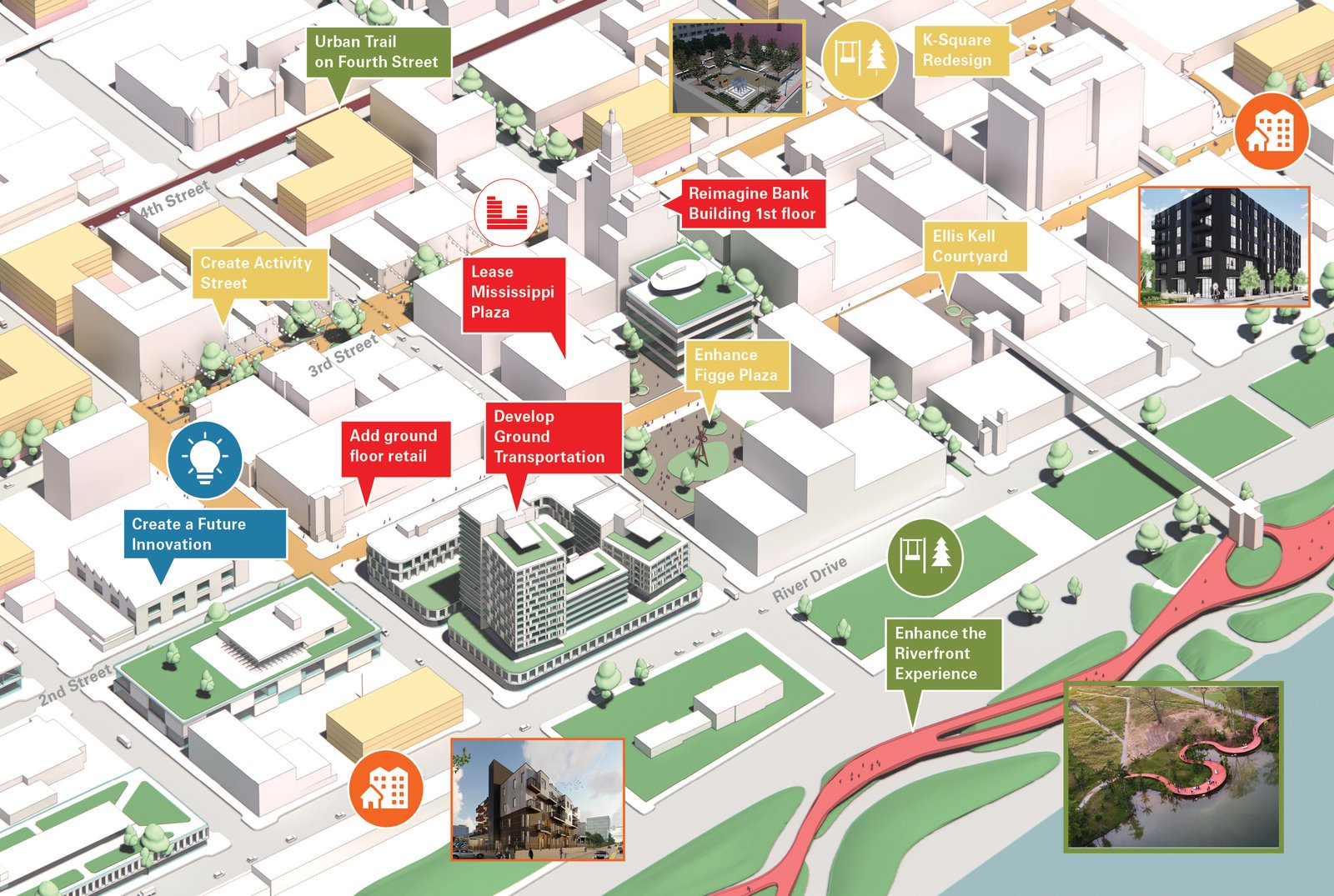 Detailed map of Downtown Davenport showcasing activity streets, plazas, riverfront enhancements, and key developments.