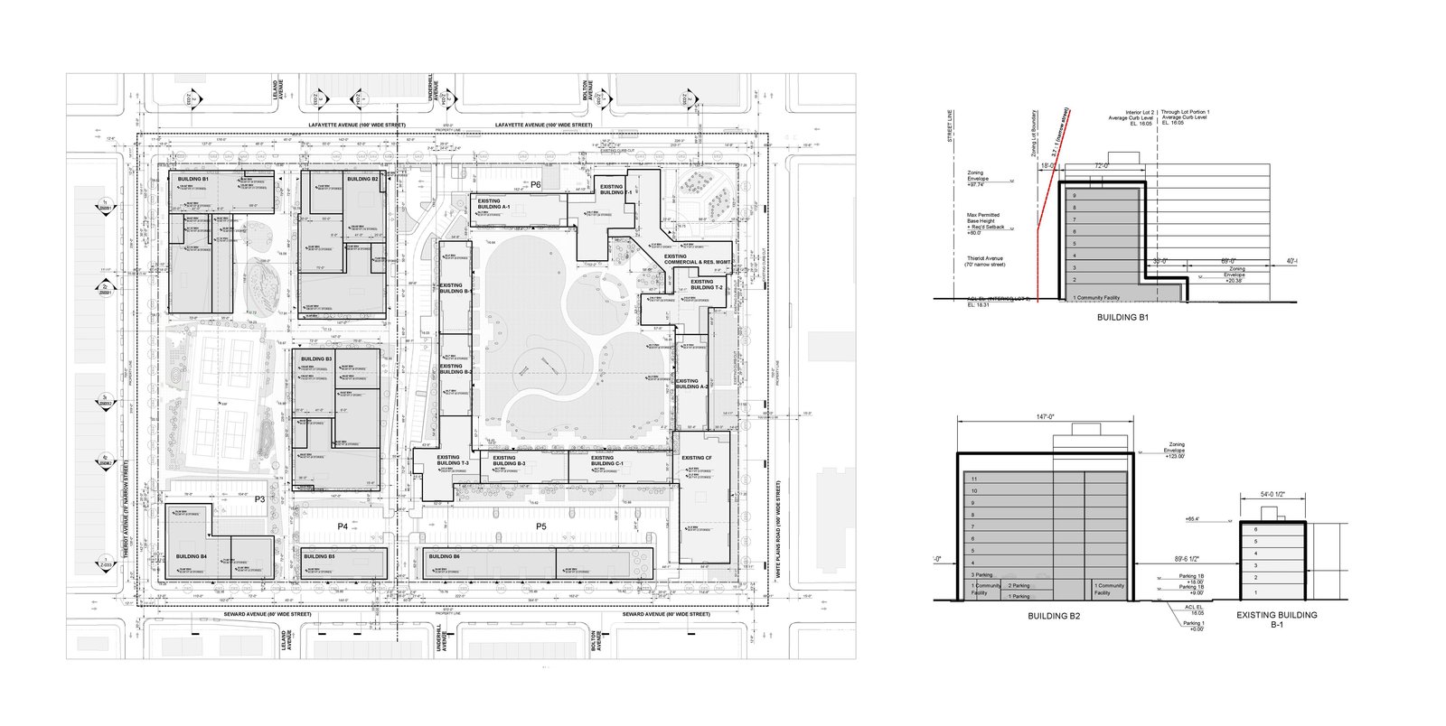 Site plan and building elevation diagrams for a proposed urban development project.