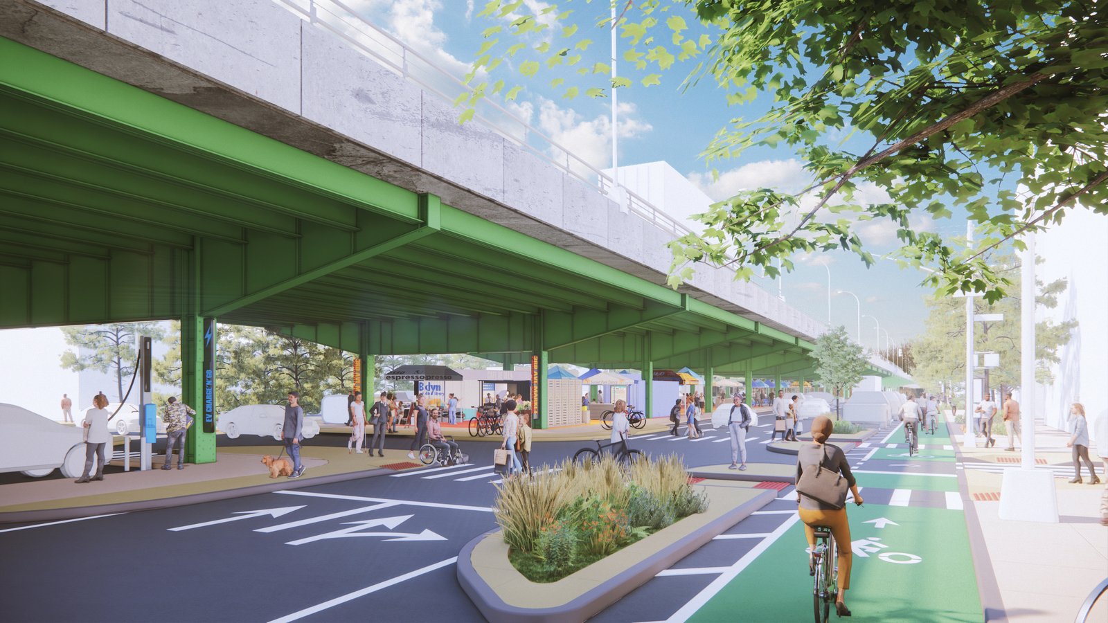 A redesigned underpass with bike lanes, pedestrian pathways, and green infrastructure.