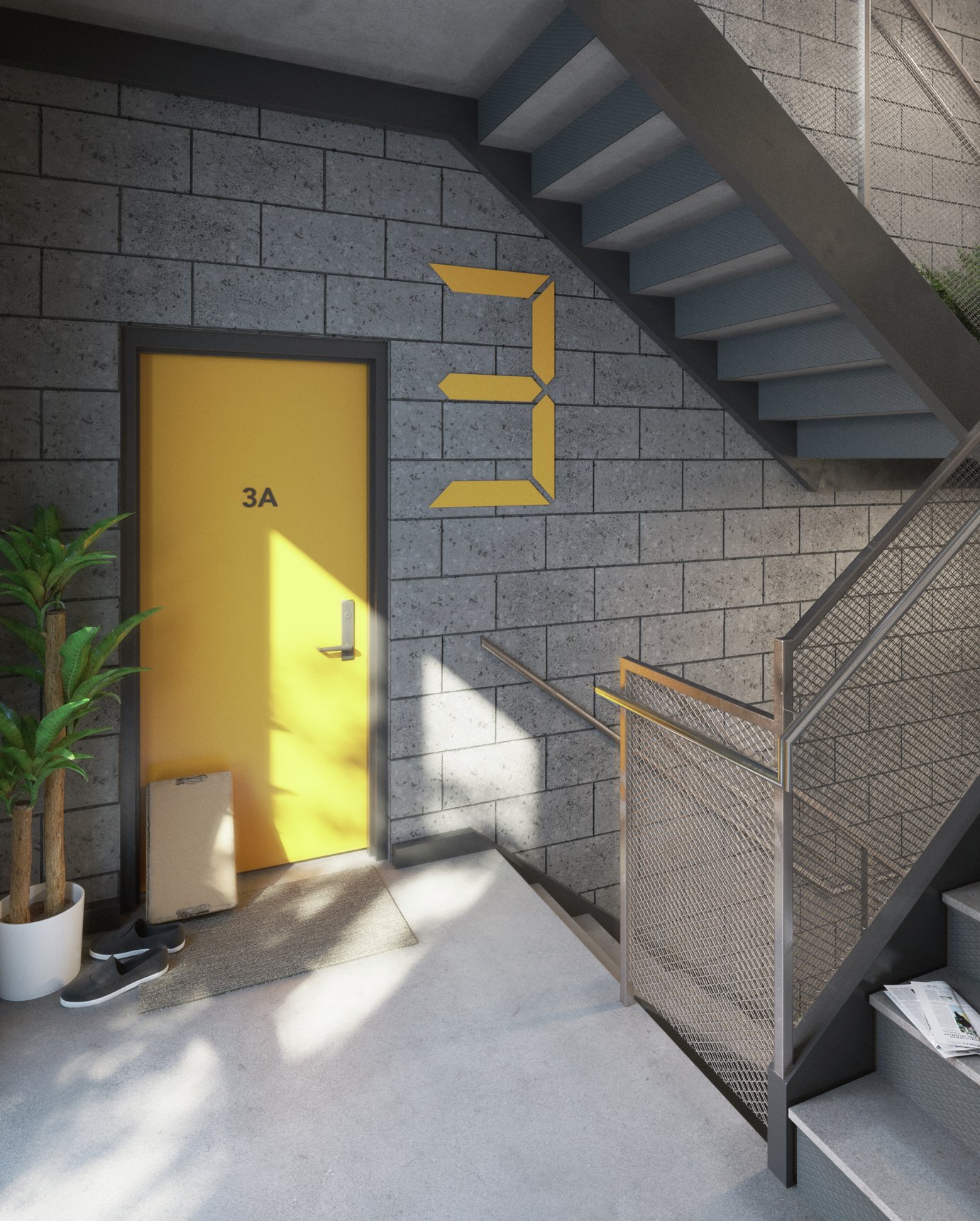 Bright stairwell with industrial finishes, yellow door, and large windows.