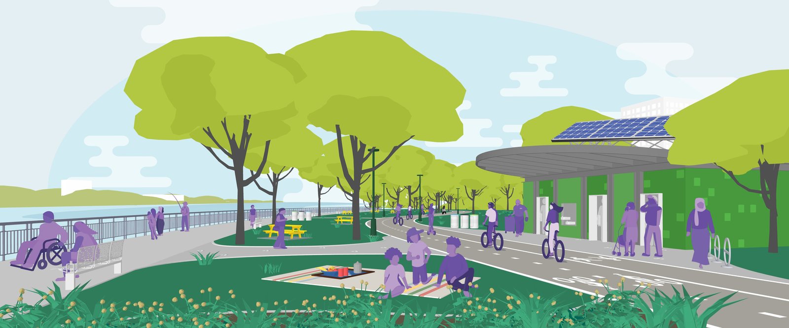 Illustration of a vibrant greenway with solar panels, trees, bikers, and people relaxing outdoors.