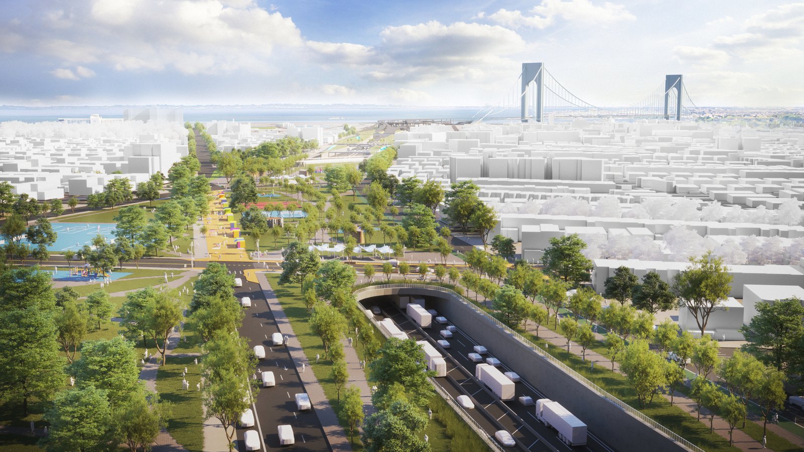 A green corridor with trees, pedestrian pathways, and a capped highway in a dense urban setting.