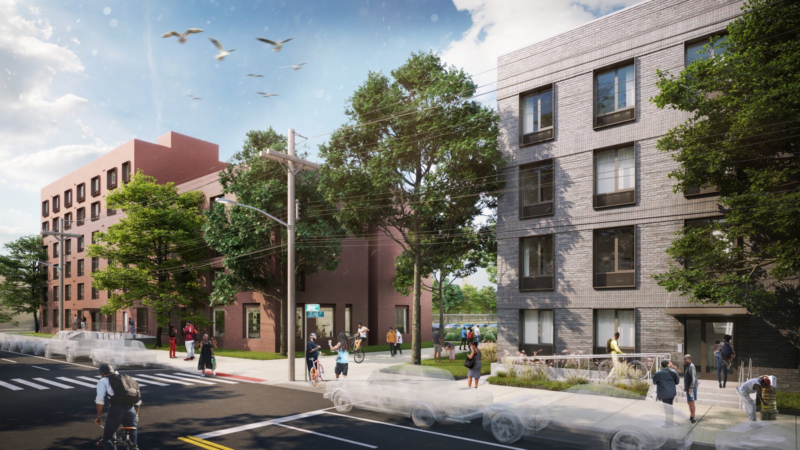 View of a tree-lined urban street with mid-rise brick and stucco buildings and active pedestrian spaces.