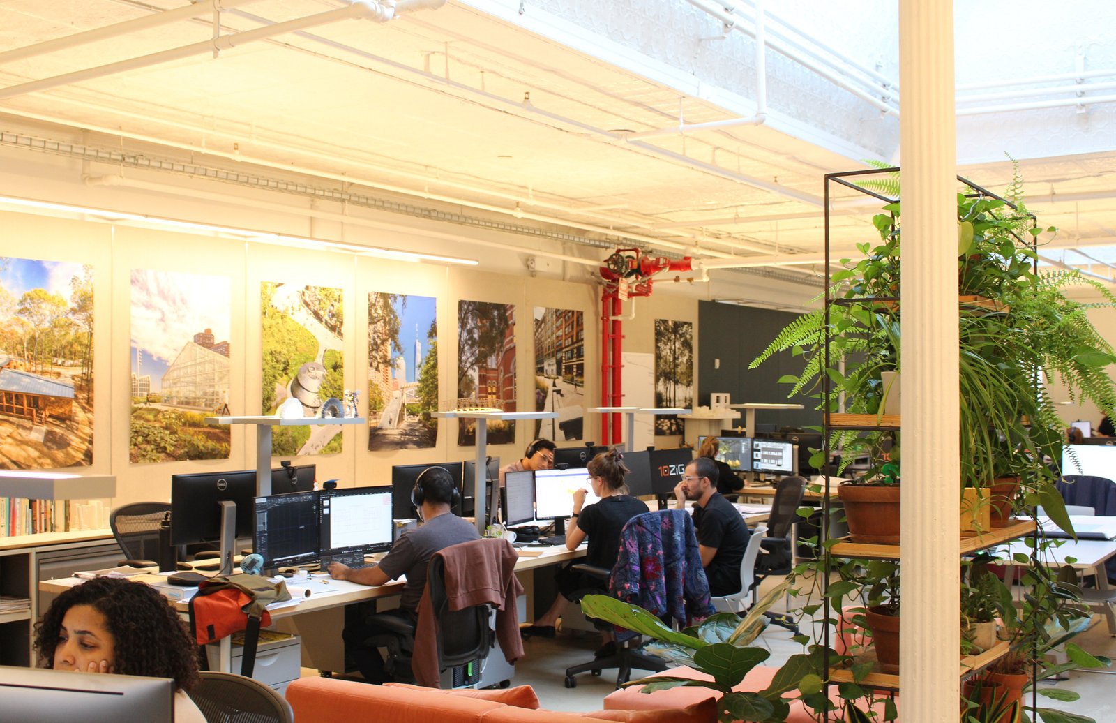 A picture of the WXY Studio, a bright, open space with people working at desks, lush plants in the foreground, framed project photos on walls, and natural light from skylights.