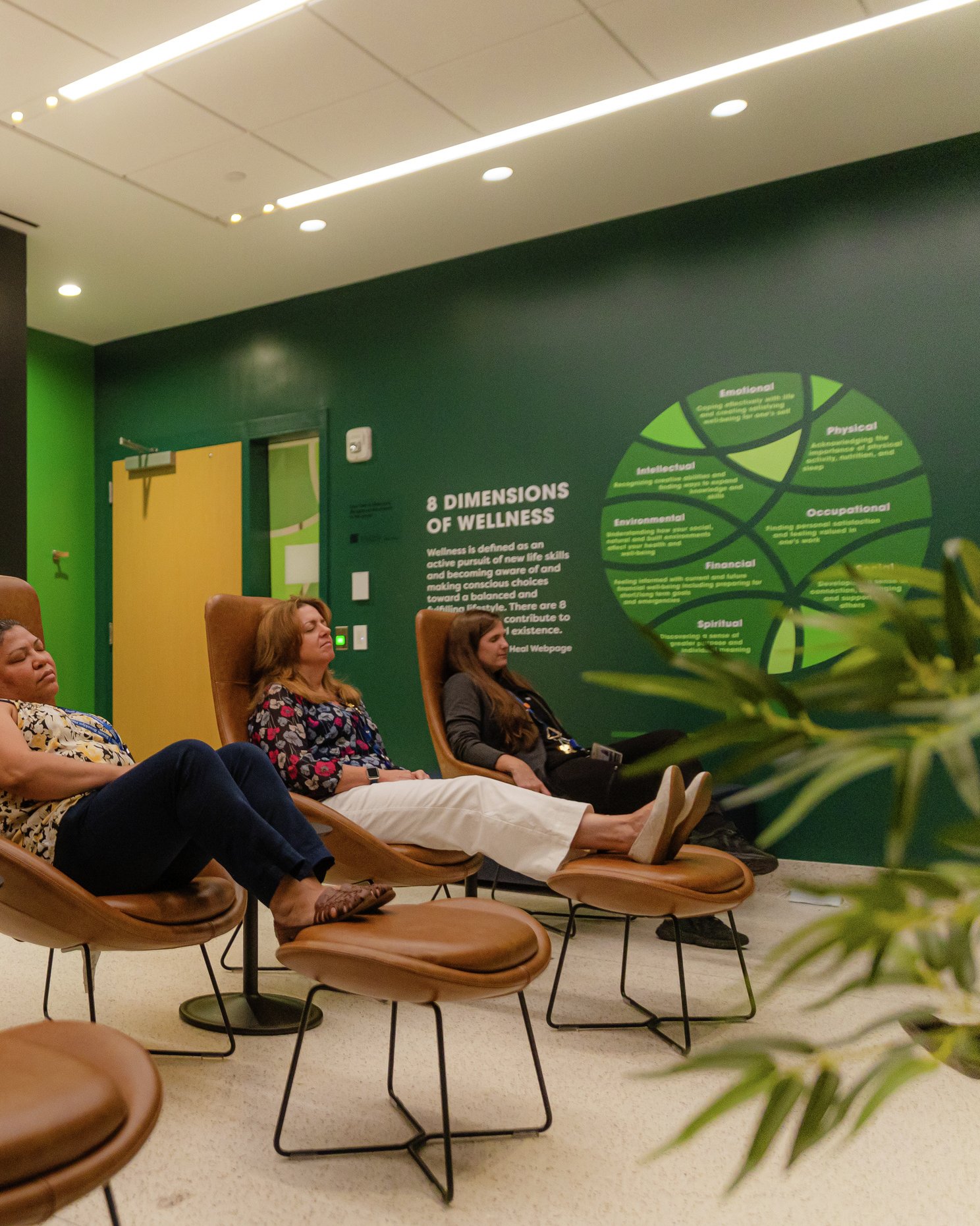 A wellness room with staff seated in ergonomic chairs, surrounded by warm wood cabinetry, green walls, and wellness graphics.