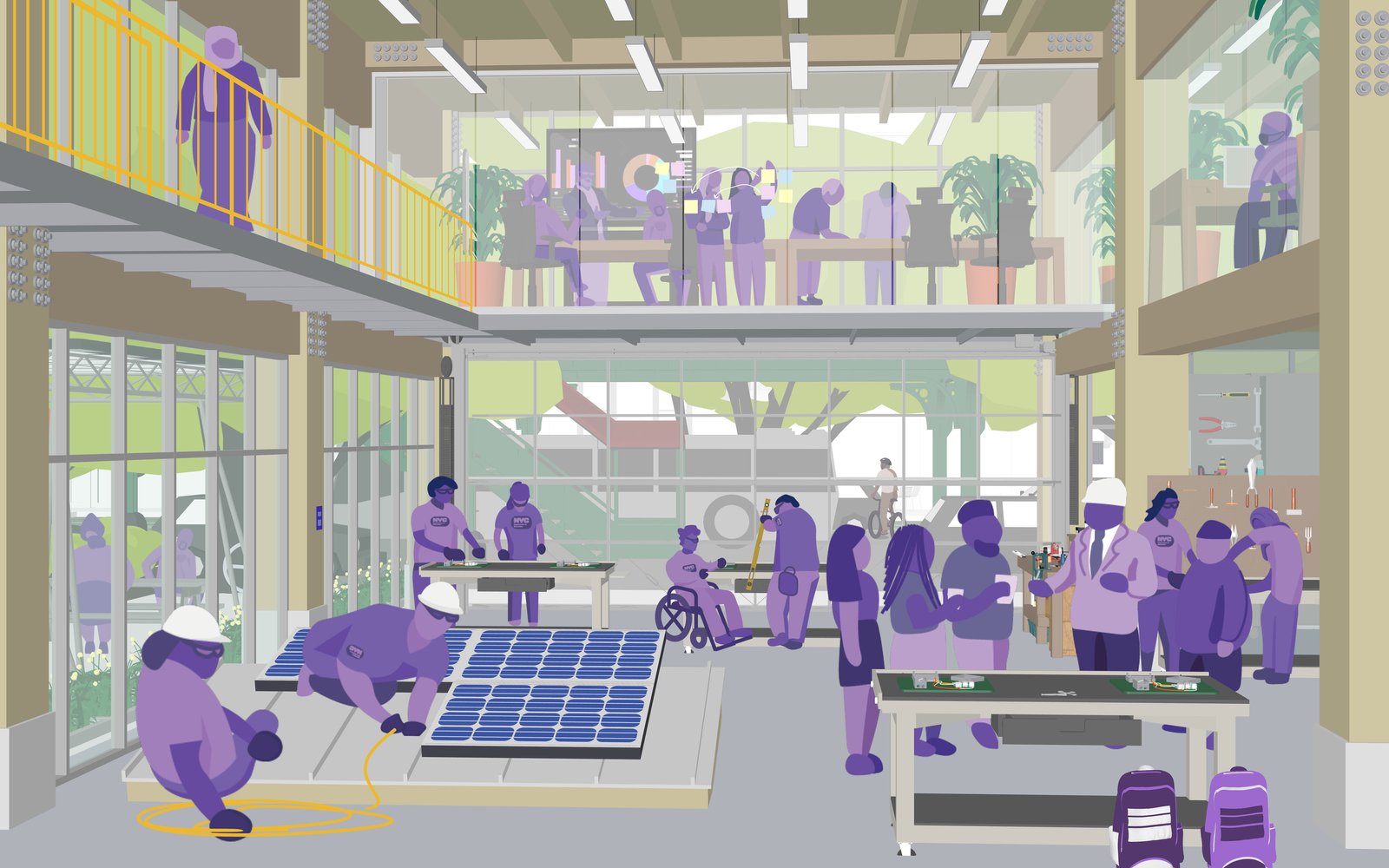 Illustration of a workshop with people assembling solar panels and working collaboratively.