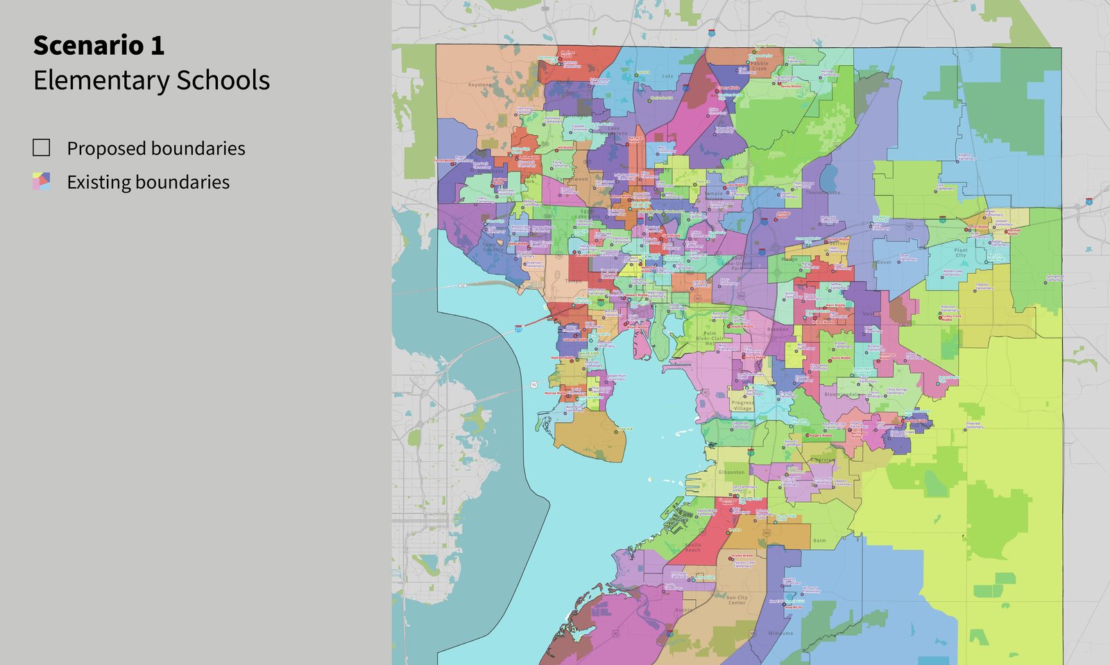 A detailed map of Hillsborough County showing proposed and existing elementary school boundaries.