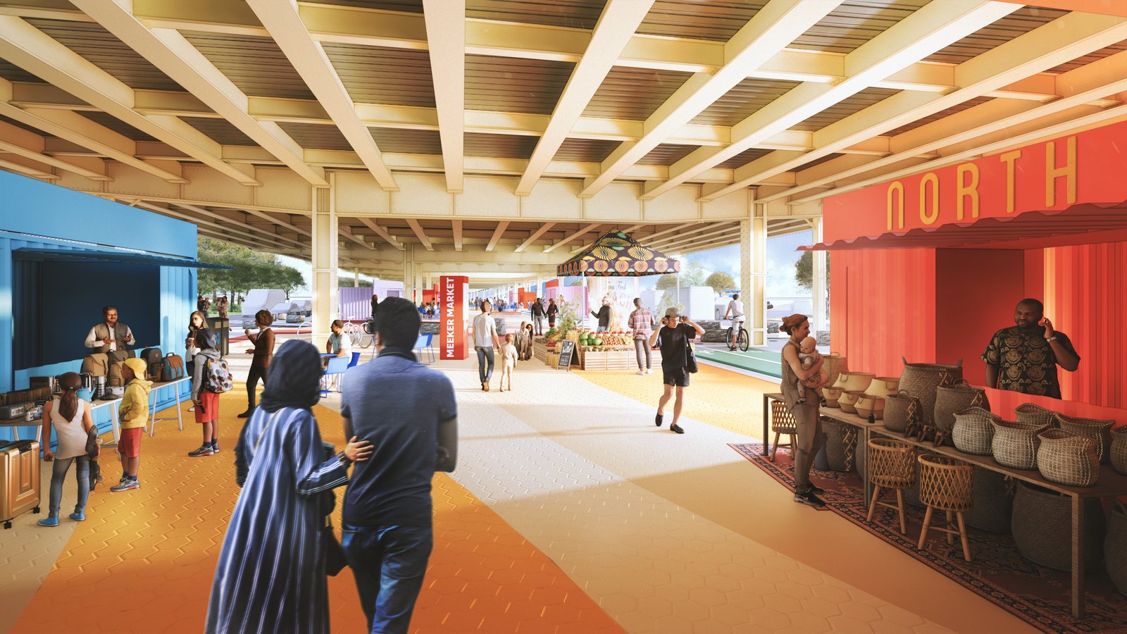 A rendering of a vibrant market under a highway with colorful stalls and pedestrian spaces.