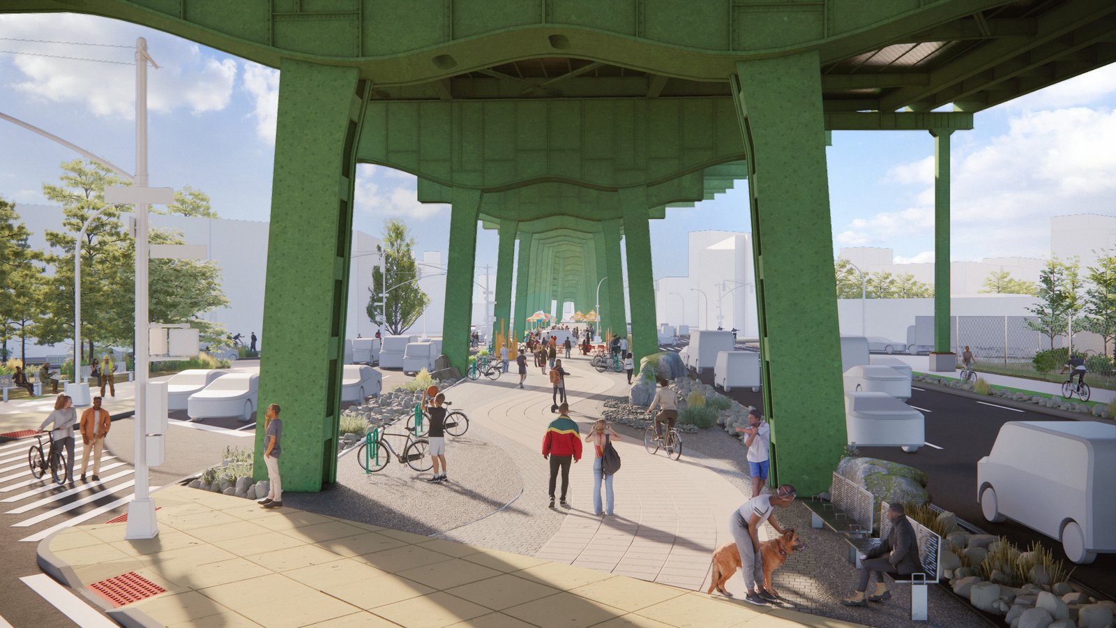 A shaded public space under a green highway bridge with pathways and seating.